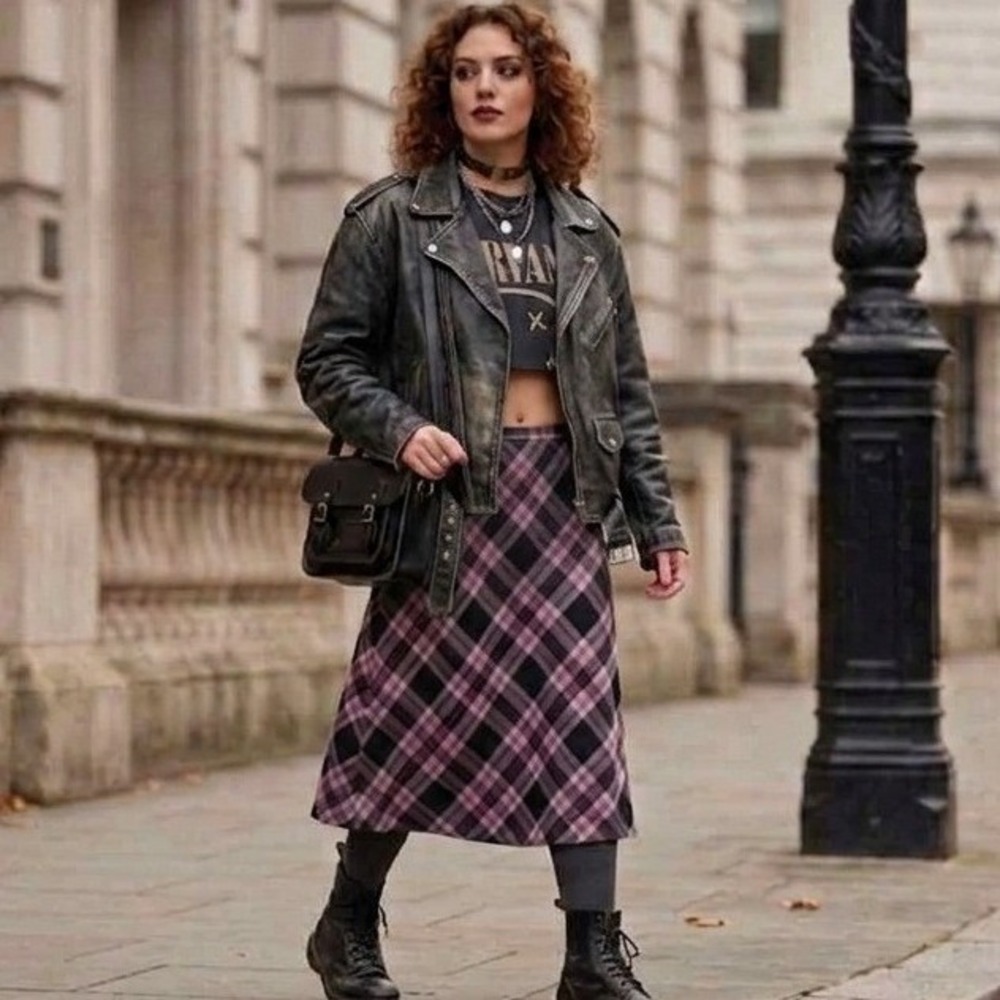 Chadwick's Plaid Wool Blend Midi Skirt Purple Black Vtg Y2K Grunge Academia 12